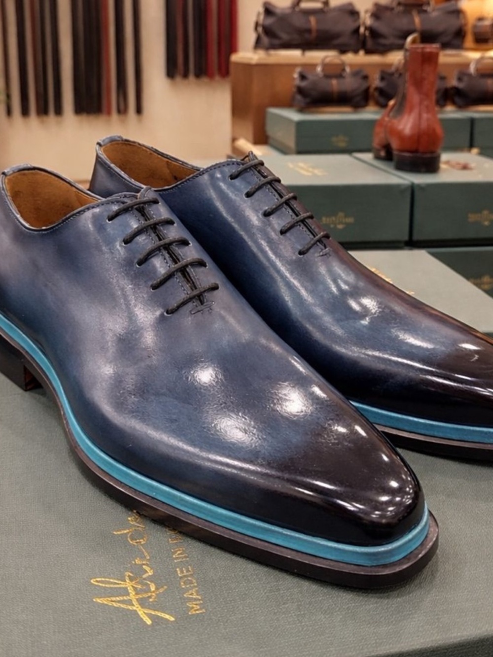 Men's Navy Leather Dress Oxfords with Turquoise Accent